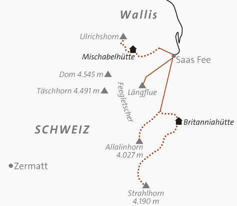 Karte Hochtourentraining mit Einsteiger-Viertausendern in den Walliser Alpen, 6-tägige geführte Hochtour