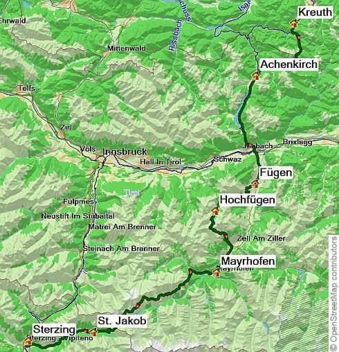 Karte Von Tegernsee nach Sterzing individuell, 8-tägige individuelle Alpenüberquerung mit Gepäcktransport