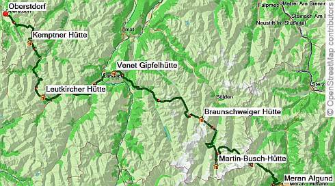 Karte Alpenüberquerung E5 Oberstdorf Meran für Familien