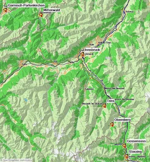 Karte Alpenüberquerung von Garmisch nach Sterzing individuell, 8-tägige individuelle Alpenüberquerung mit Gepäcktransport