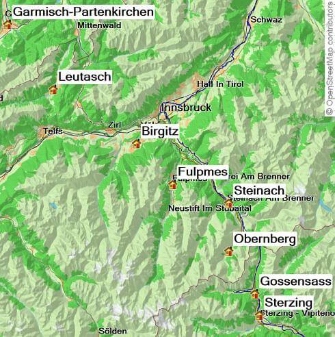 Karte Alpenüberquerung von Garmisch nach Sterzing individuell, 8-tägige individuelle Alpenüberquerung mit Gepäcktransport