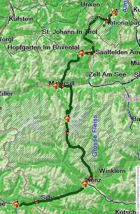 Karte Vom Königssee zu den Drei Zinnen individuell mit Hotelkomfort, 8-tägige individuelle Trekkingtour mit Gepäcktransport