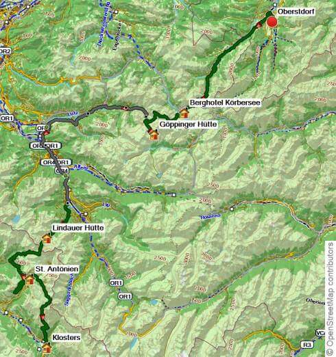 Karte Walserweg - Von Oberstdorf nach Chur, 6-tägige geführte Trekkingtour