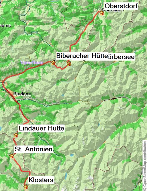 Karte Großer Walserweg - Von Oberstdorf nach Klosters, 5-tägige geführte Trekkingtour