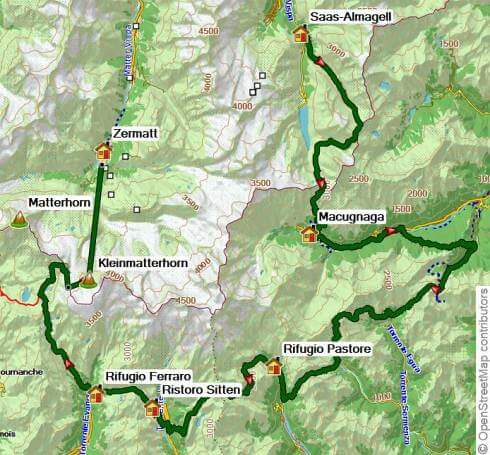 Karte Walserweg - Von Saas Fee nach  Zermatt, 7-tägige geführte Trekkingtour