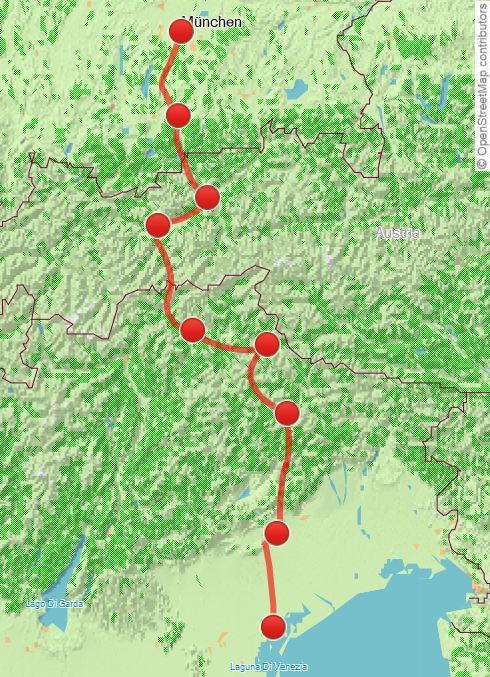 Karte Radreise von München nach Venedig individuell, 9-tägige individuelle Alpenüberquerung mit Gepäcktransport