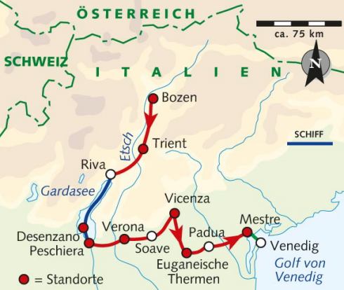 Karte Radreise von Bozen nach Venedig individuell, 8-tägige individuelle Alpenüberquerung mit Gepäcktransport