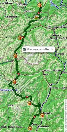 Karte zur Alpenüberquerung auf Panoramawegen von der Zugspitze zum Gardasee