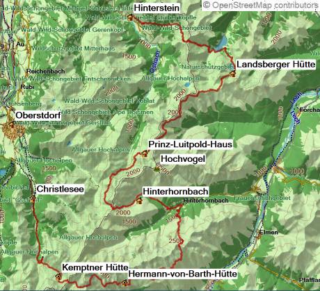 Karte Der Grenzgänger Weg - Highlights der Allgäuer Alpen, 7-tägige geführte Trekkingtour