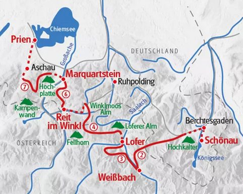 Karte Vom Königssee zum Chiemsee individuell, 8-tägige individuelle Wanderreise mit Gepäckztransport