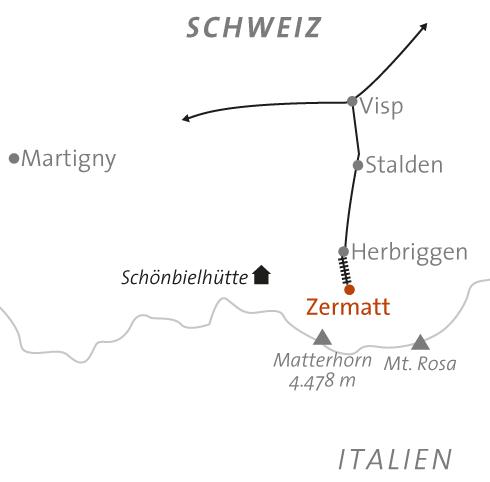 Karte Wandern am Fuße des Matterhorns, 7-tägige geführte Standortwanderreise