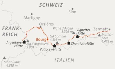 Karte Haute Route im Winter - Skitour von Chamonix nach Zermatt, 6-tägige geführte Skitour