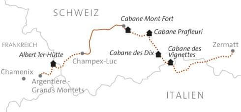 Karte Haute Route im Winter - Skitour von Chamonix nach Zermatt, 6-tägige geführte Skitour