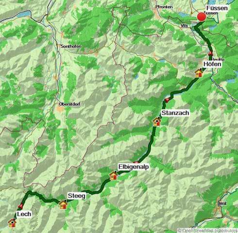Karte Der Lechweg: vom Ursprung bis zum Lechfall (individuell), 8-tägige individuelle Trekkingtour mit Gepäcktransport