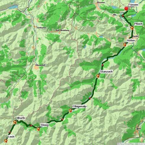 Karte Der Lechweg: vom Ursprung bis zum Lechfall (individuell), 10-tägige individuelle Trekkingtour mit Gepäcktransport