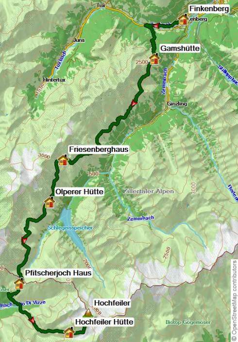 Karte Berliner Höhenweg: Von Finkenberg auf den Hochfeiler, 7-tägige geführte Trekkingtour