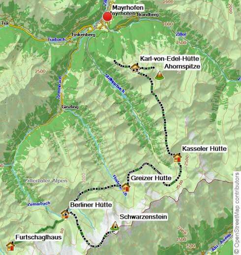 Karte Berliner Höhenweg: vom Schlegeisspeicher auf die Ahornspitze, 7-tägige geführte Trekkingtour