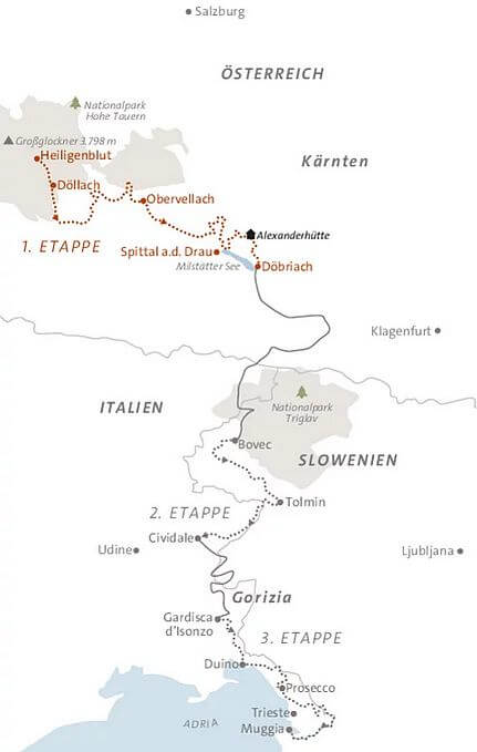 Karte Kärnten: Der Alpe Adria Trail individuell, 8-tägige individuelle Trekkingreise mit Gepäcktransport