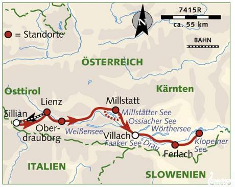 Karte Der Drau-Radweg in Kärnten individuell, 8-tägige individuelle Radreise mit Gepäcktransport