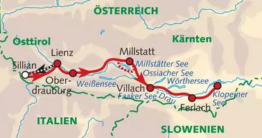 Karte Der Drau-Radweg in Kärnten individuell, 8-tägige individuelle Radreise mit Gepäcktransport