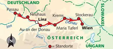 Karte Donau-Radweg von Passau nach Wien geführt, 8-tägige geführte Radreise mit Gepäcktransport