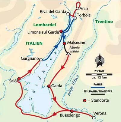 Karte Radreise rund um den Gardasee individuell, 8-tägige individuelle Radreise mit Gepäcktransfer