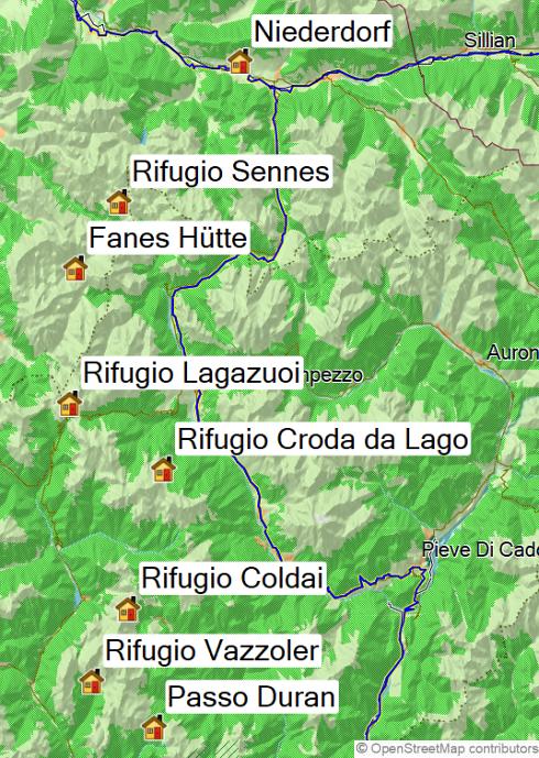 Karte Dolomiten Höhenweg Nr. 1, 7-tägige geführte Trekkingtour