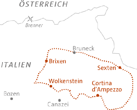 Karte Dolomiten-Durchquerung (mit Gepäcktransport), 8-tägige geführte Wanderreise mit Gepäcktransport