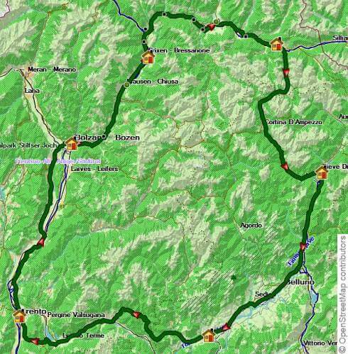 Karte Radreise rund um die Dolomiten individuell, 8-tägige individuelle Radreise mit Gepäcktransport