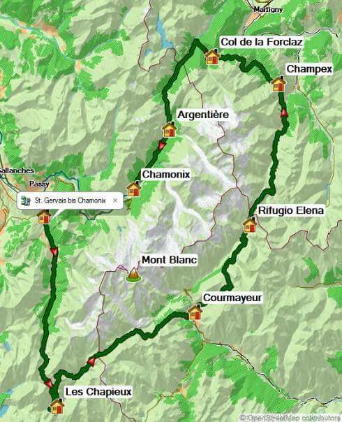 Karte Tour du Mont Blanc von Hütte zu Hütte  individuell (mit Gepäcktransport), 8-tägige individuelle Trekkingreise mit Gepäcktransport