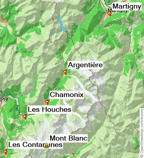 Karte Tour du Mont Blanc von Hütte zu Hütte  individuell (mit Gepäcktransport), 8-tägige individuelle Trekkingreise mit Gepäcktransport