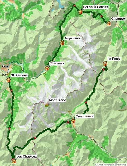 Karte Tour du Mont Blanc mit Komfort individuell (mit Gepäcktransport), 8-tägige individuelle Trekkingtour mit Gepäcktransport
